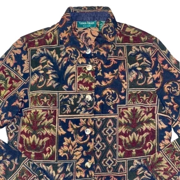 Vintage Lemon Grass Patchwork Tapestry Lightweight Button Front Jacket Blazer - Picture 4 of 12